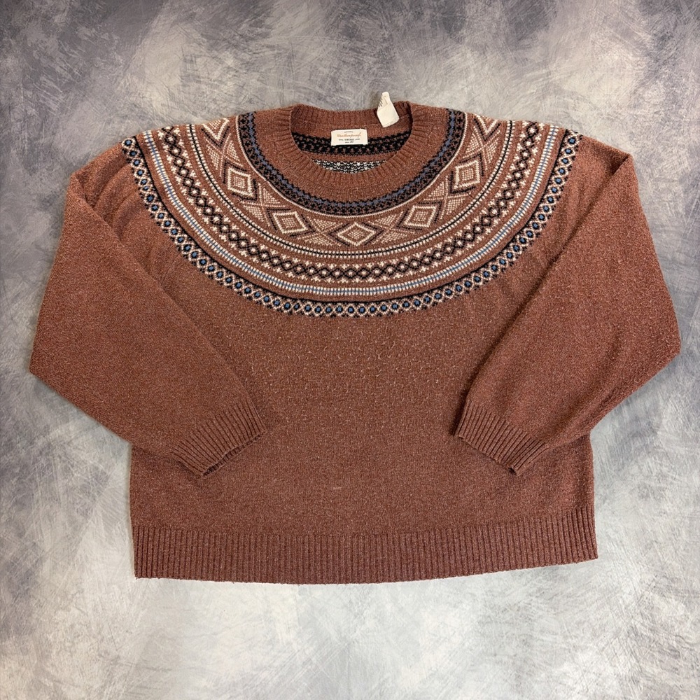 Weatherproof Vintage Sweater Womens XL Brown Fair Isle Knit Pullover Crew Neck